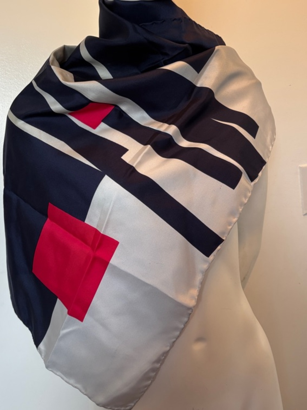 Oleg Cassini Navy, Cream & Red Geometric Silk-Feel Scarf